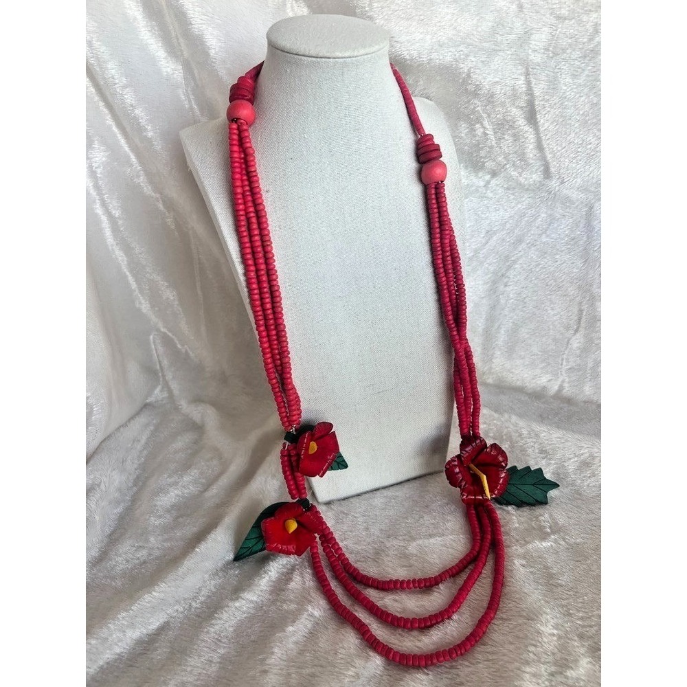 Vintage Wooden Necklace Hibiscus Flower Red Beaded Multi Strand Tropical Resort